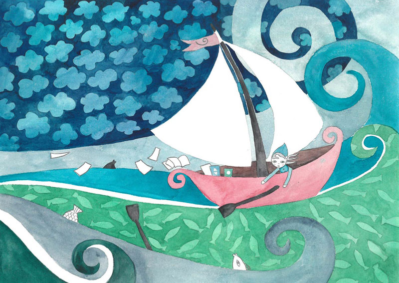 ilustracja dla dzieci przedstawiająca elfa w łódce